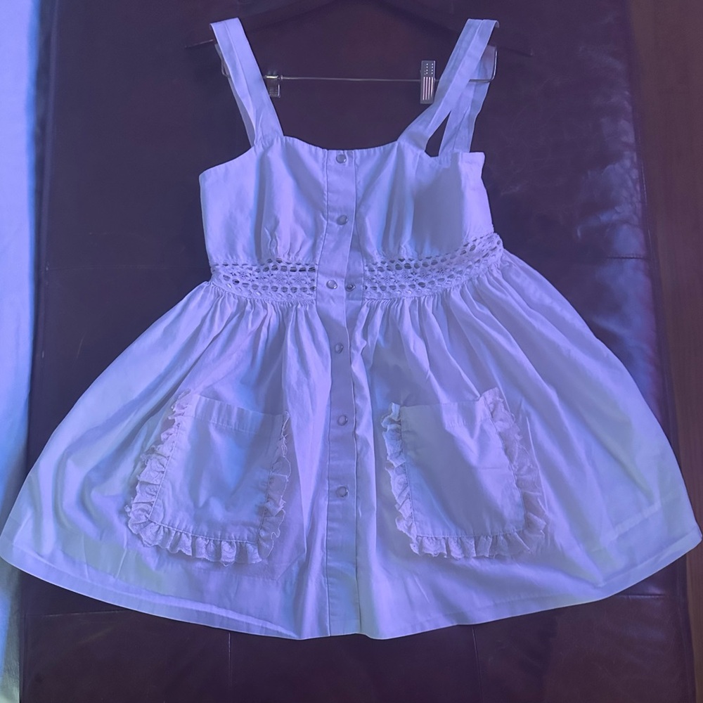 Girls White Button-Front Sundress with Ruffle Pockets